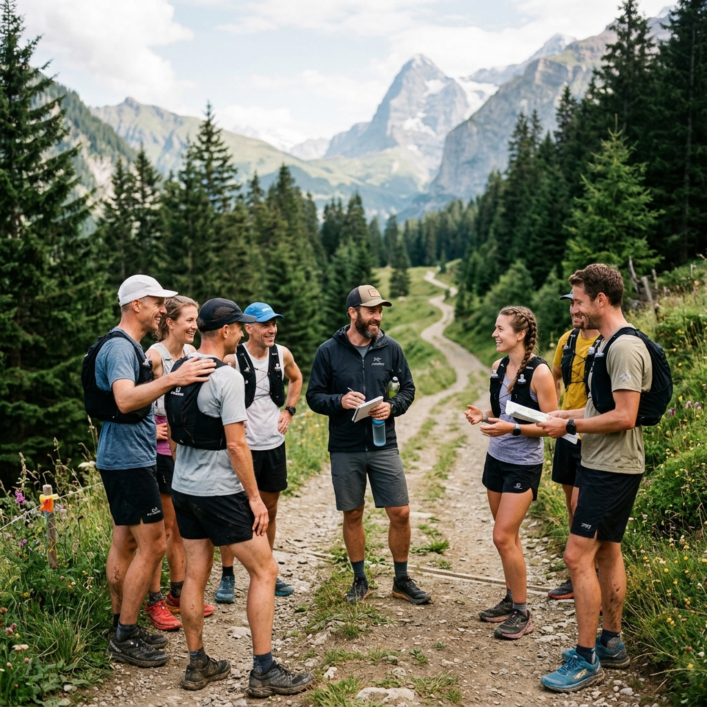 Group of ultra runners talking with their coach in a forest setting
